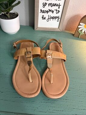 Coach Women’s Tan Leather T-Strap Sandals with Buckle Detail